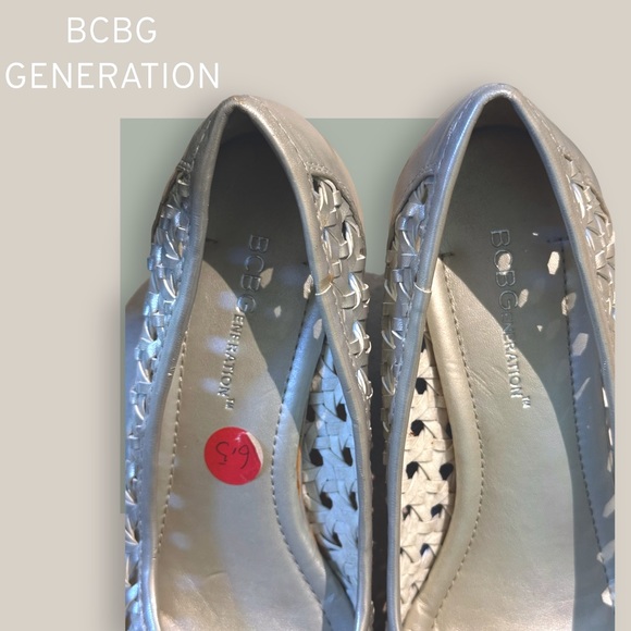 BCBGenervation Tylar Silver Woven Open Toe Wedge Heel - Size 6.5 - Picture 12 of 16